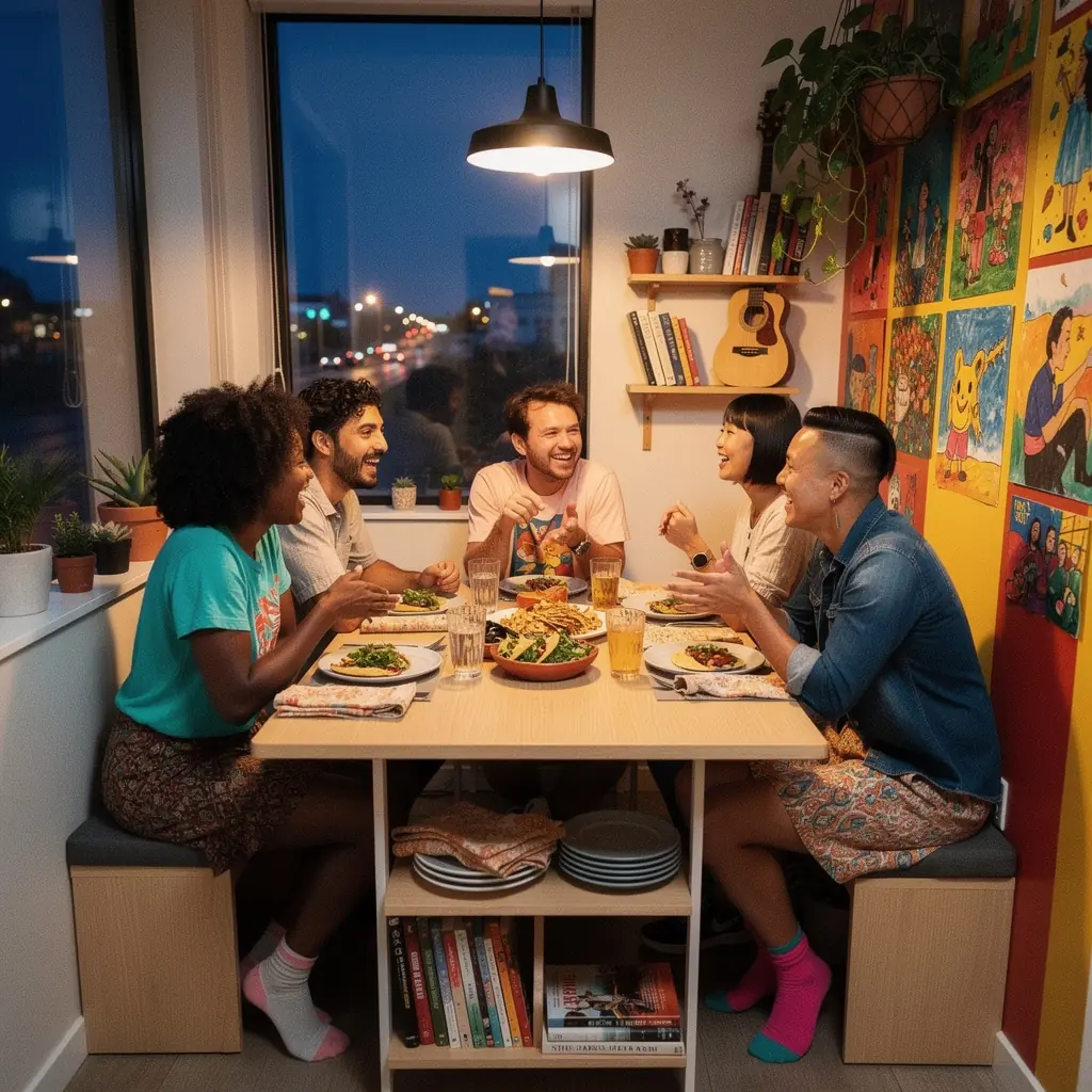 Przestronny przedpokój w małym apartamencie z szafkami na buty i lampą sufitową.