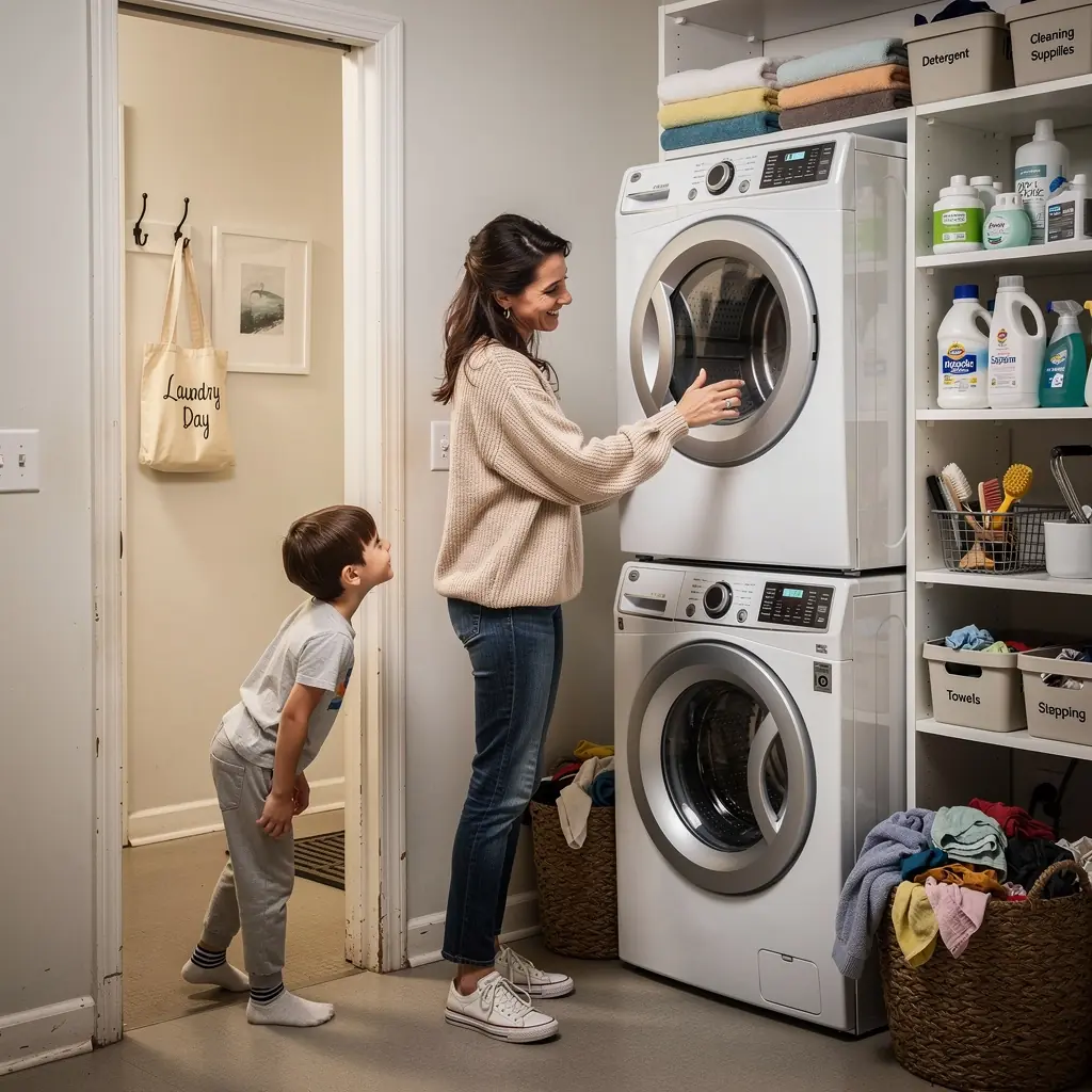 Stylowa sypialnia w małym mieszkaniu z wbudowanymi szafami i przytulnym oświetleniem.