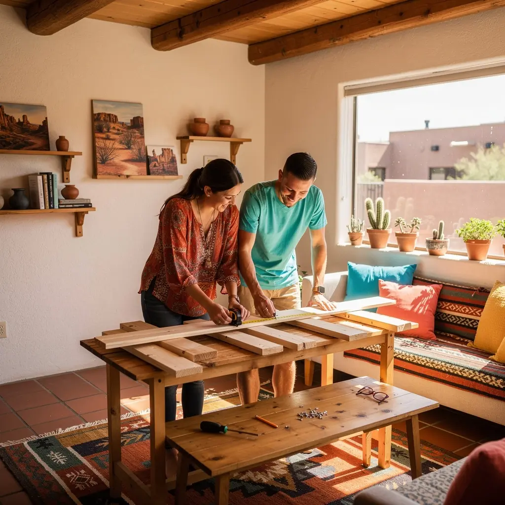 Kreatywne biuro domowe w małym mieszkaniu z regałami na książki i jasnym światłem.